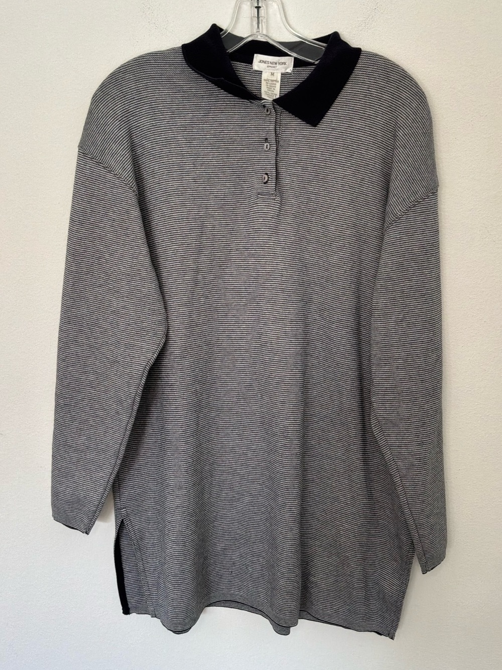 Jones New York Sport Black & White Micro Stripe Long Sleeve Polo Tunic Size Medi